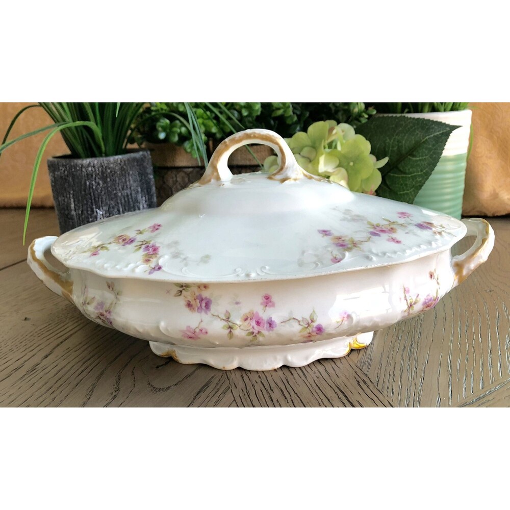 Antique Theodore Haviland Limoges Floral Oval Lidded Vegetable Server Gold Trim